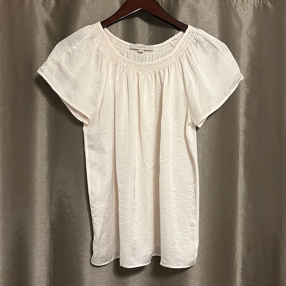 LOFT Smocked Flutter Sleeve Mixed Media Top in whisper white, size medium.
